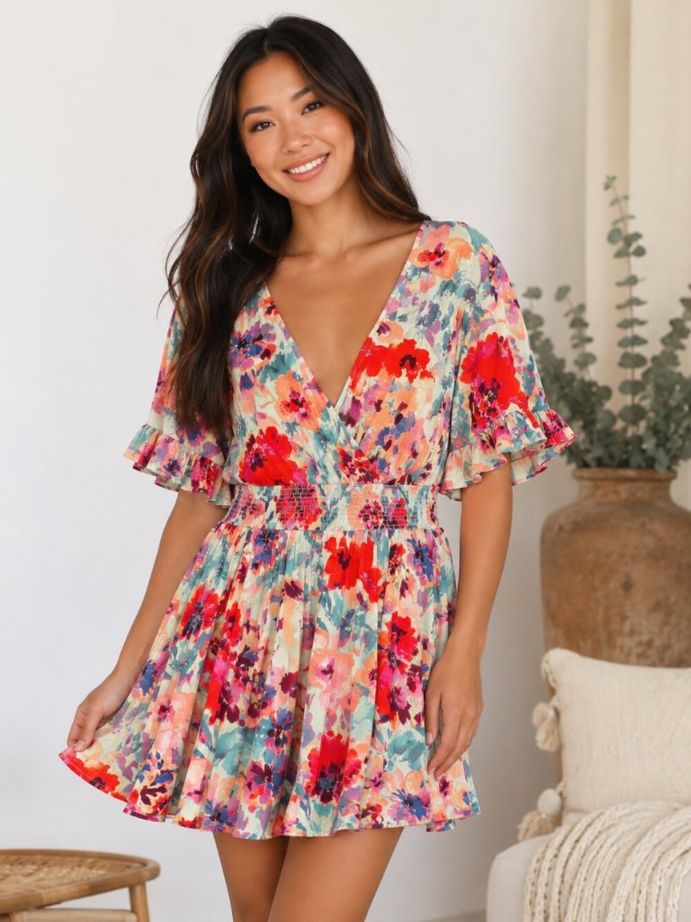 Easel Watercolor Floral Tie Back Mini Dress Medium NWT